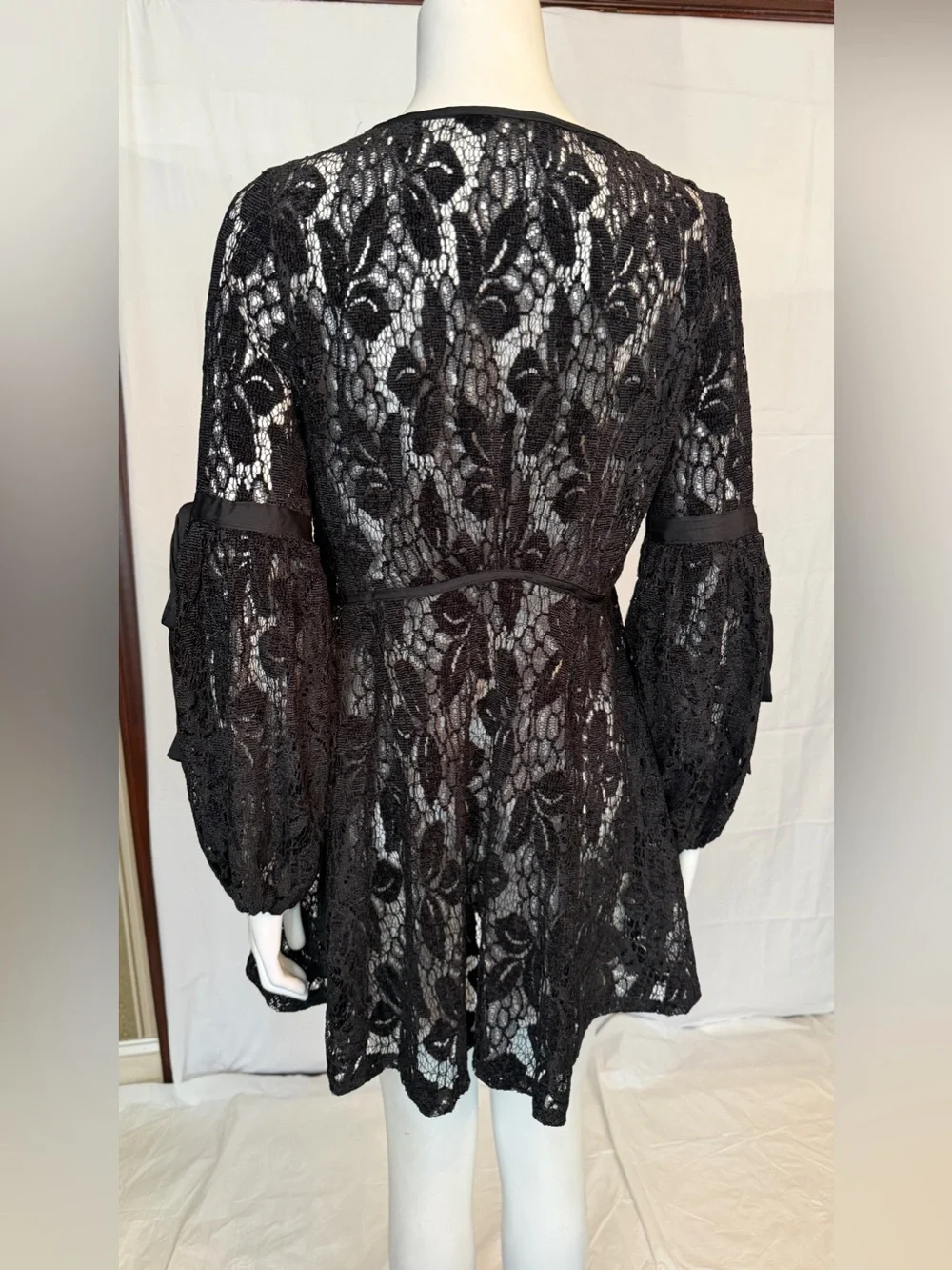 Free People Black Floral Lace Long-Sleeve Mini Dress